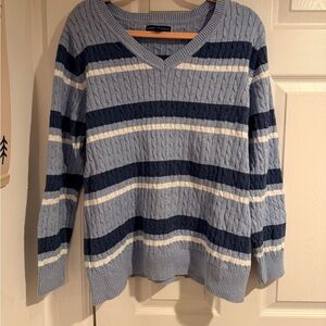 Karen Scott Blue and White Striped V-Neck Sweater